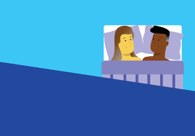 Illustratie van twee mensen in bed met blauwe achtergrond